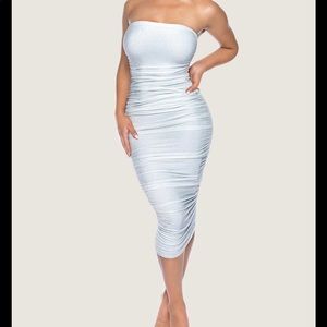 Shimmer Ruched Strapless Midi Dress